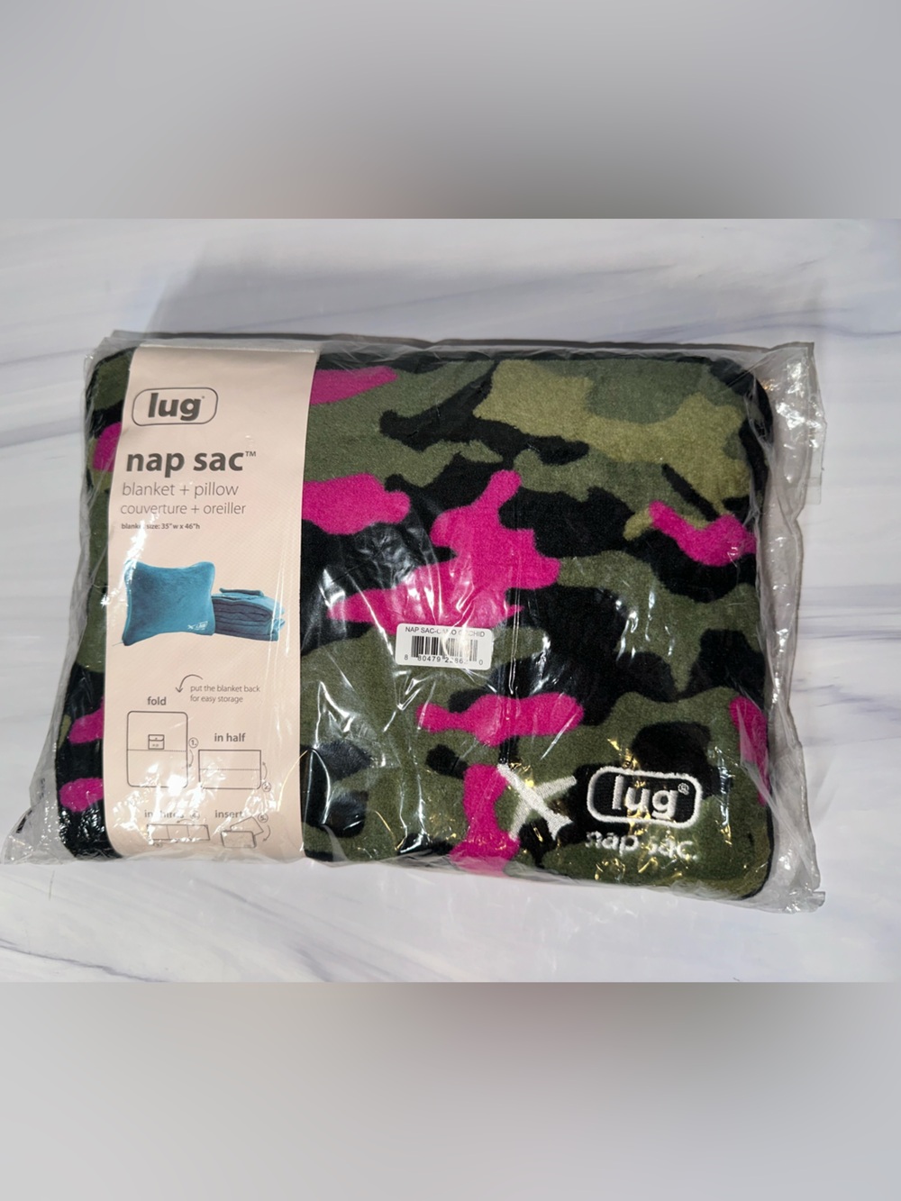 Lug Napsac 2-in-1 travel accessory blanket / pillow NEW in Pink / green Camo